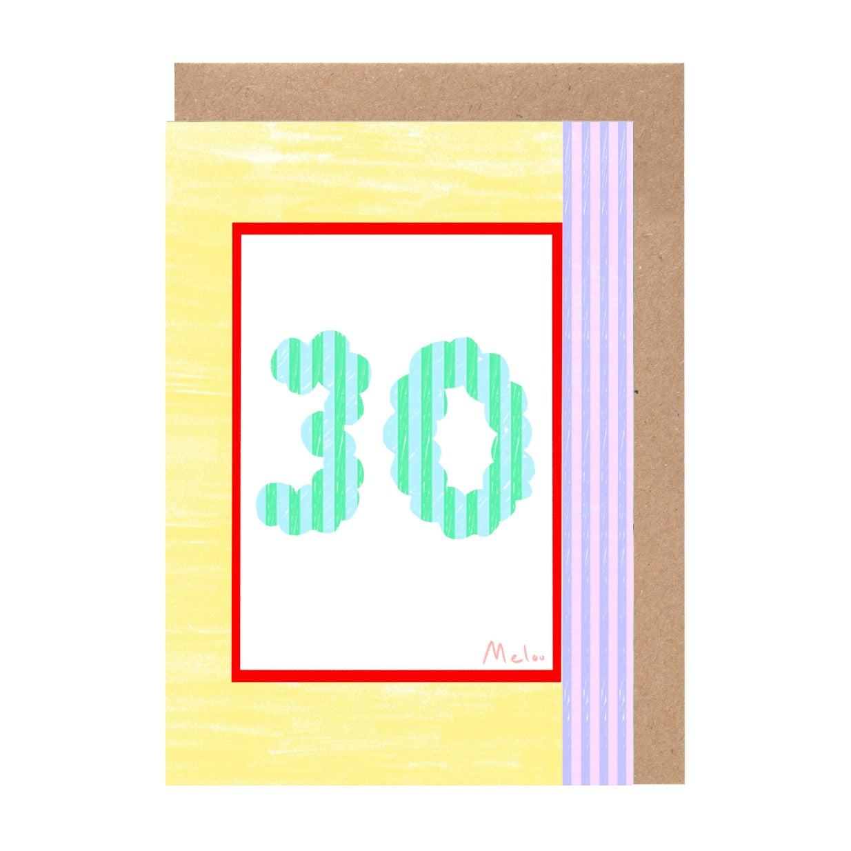 A greeting card with a colorful design featuring the number 30 in a stylized manner.