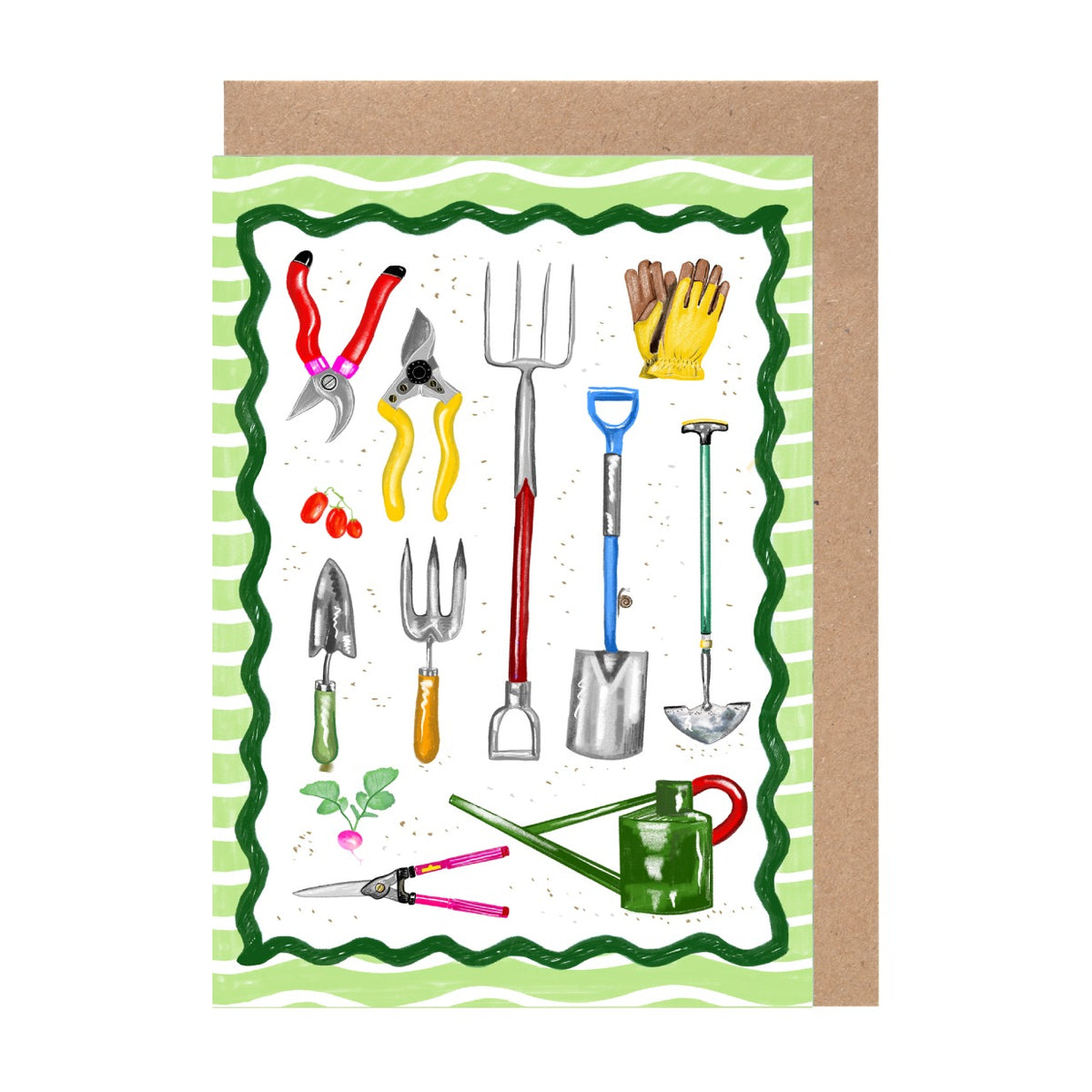The image is a collection of various gardening tools and accessories, including pruning shears, a shovel, a watering can, and other hand tools, all arranged in a visually appealing manner.
