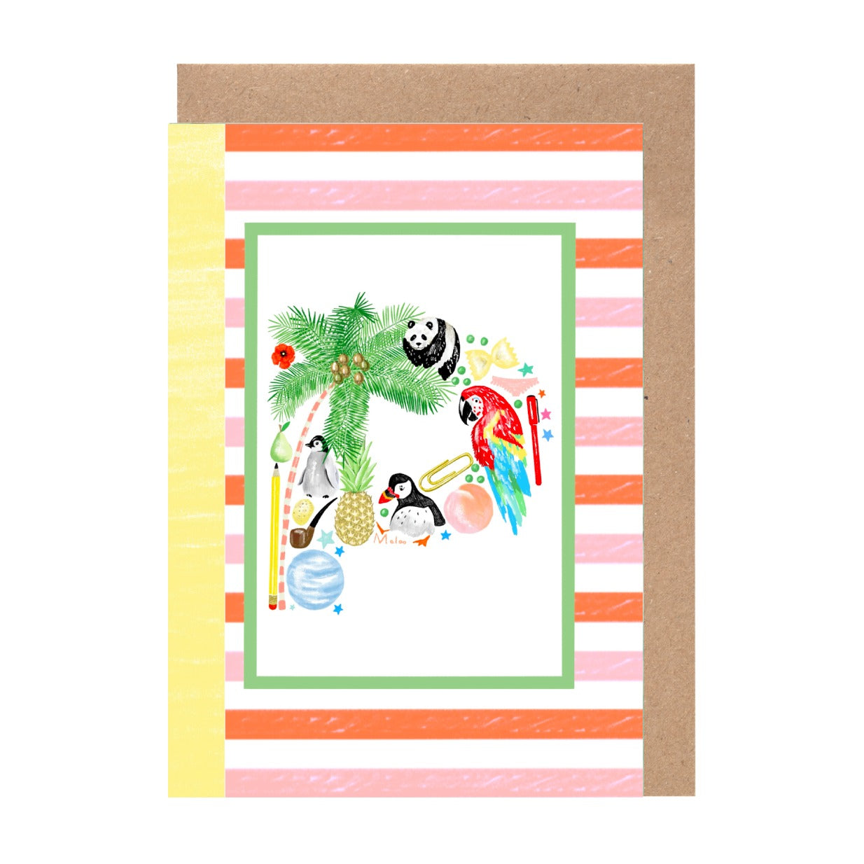 A colorful illustration of various animals, including a panda, parrot, penguin, and palm tree, set against a striped background.