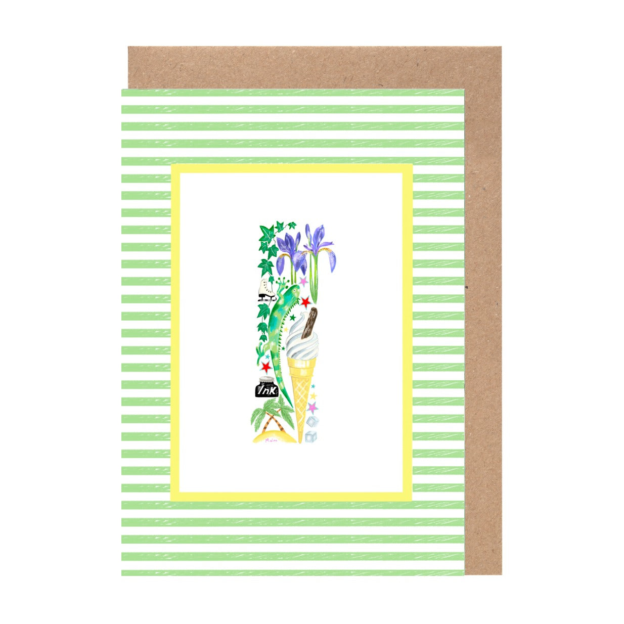 A greeting card with a colorful illustration of a vase filled with flowers, set against a background of green and white stripes.
