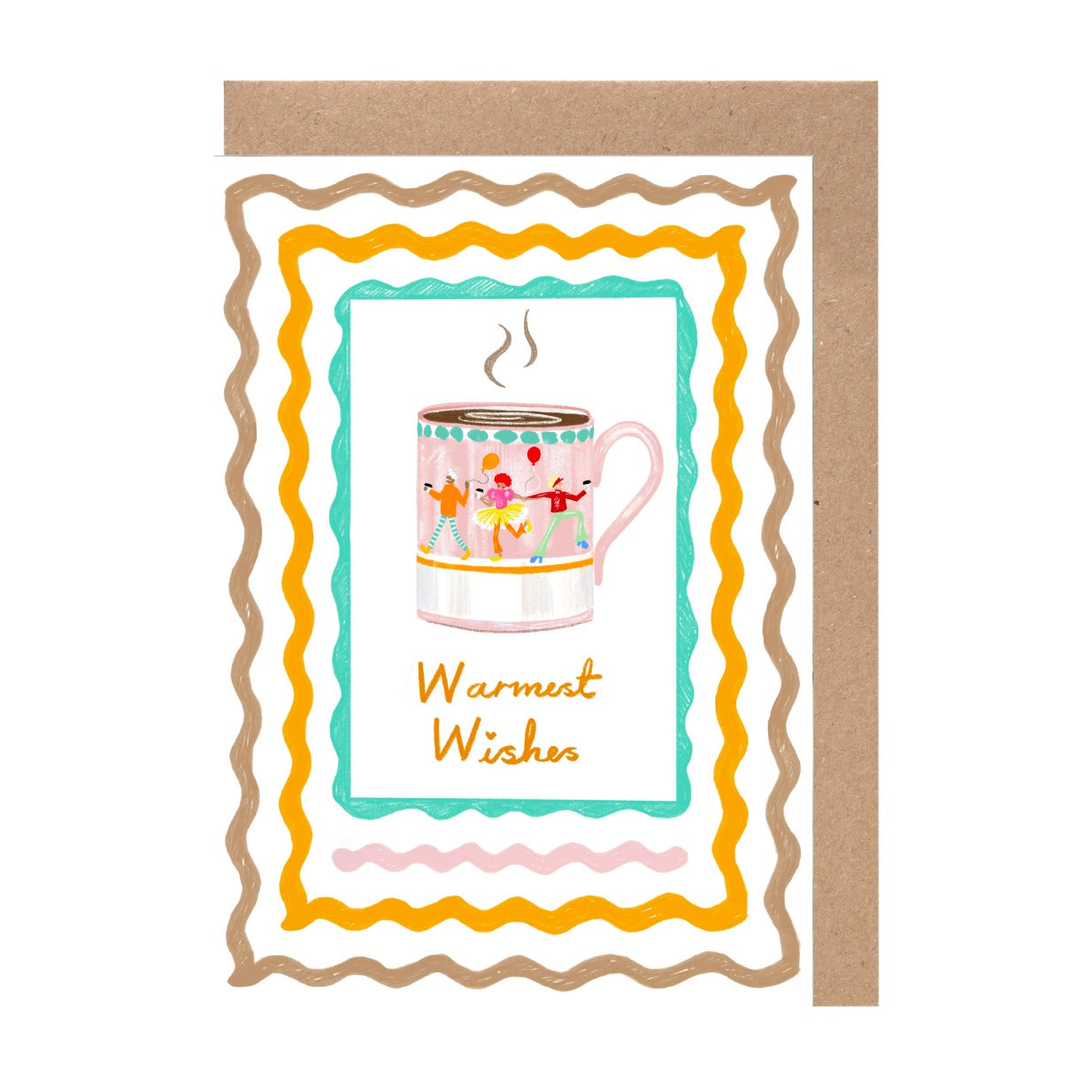 A greeting card with a colorful illustration of a mug and the text "Warmth Wishes" written on it.