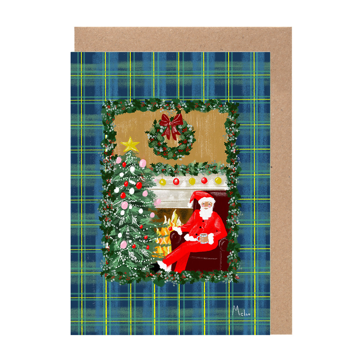 Christmas Fireside Card | Plaid Tartan Santa Holiday Gift