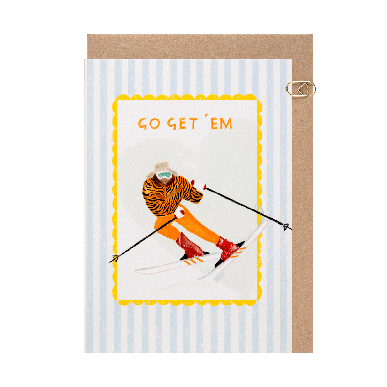 Blue Wiggle and Yellow Scallop ‘Go Get Em’ Tiger Print Skier Card