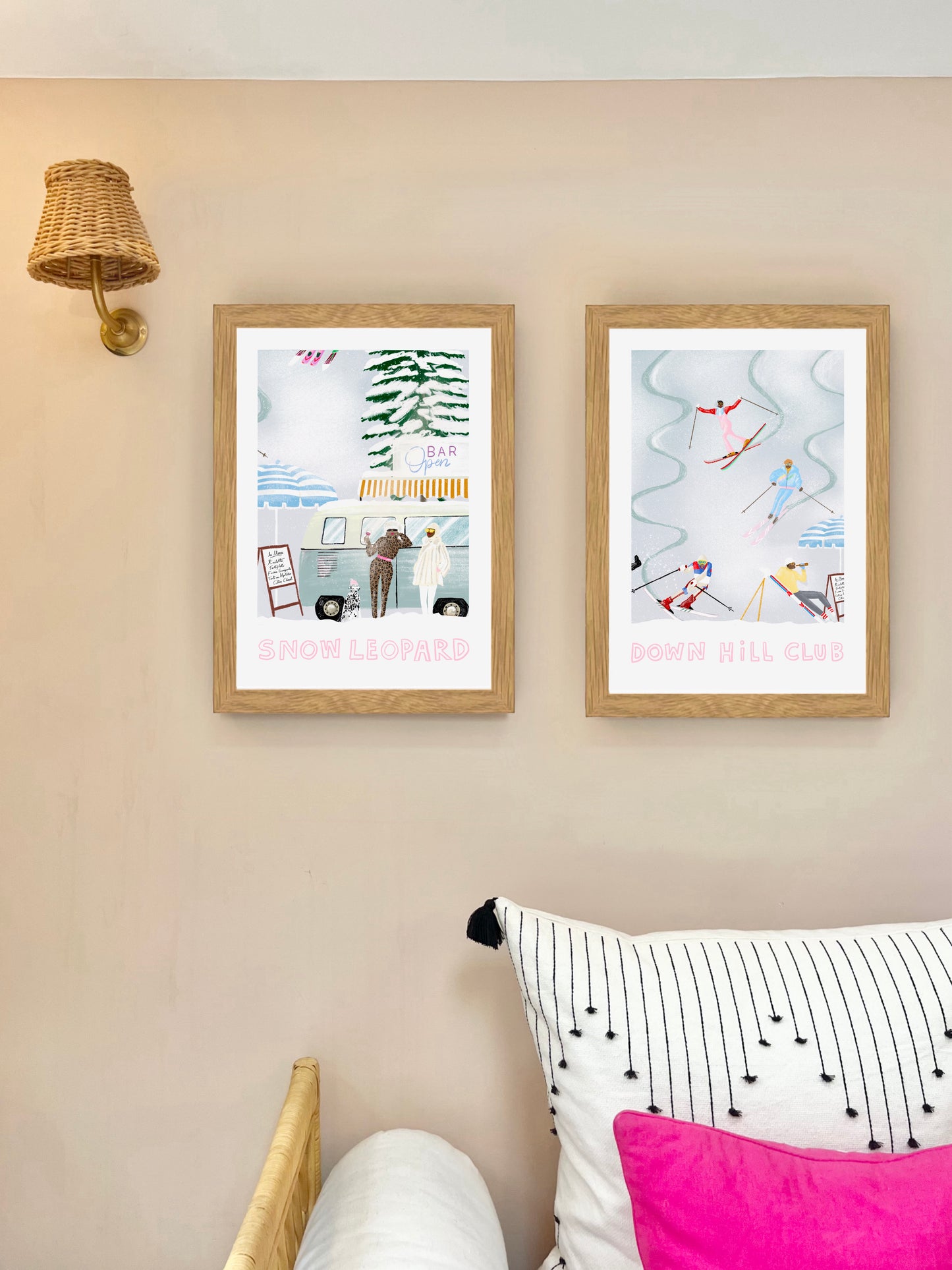 MINI ICE BLUE SNOW LEOPARD OAK FRAMED SKI PRINT