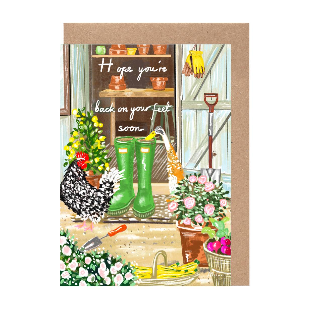 A black and white chicken wearing green rain boots stands on a wooden floor, surrounded by potted plants, gardening tools, and a sign that reads "Hope you're back on your feet soon".