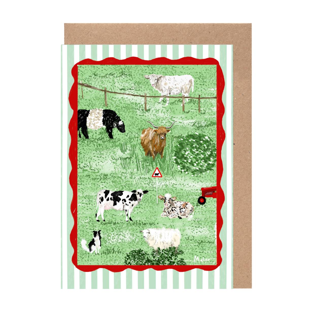 The image is a collage of various farm animals, including cows, sheep, and a bull, set against a green field with a red and white striped border.