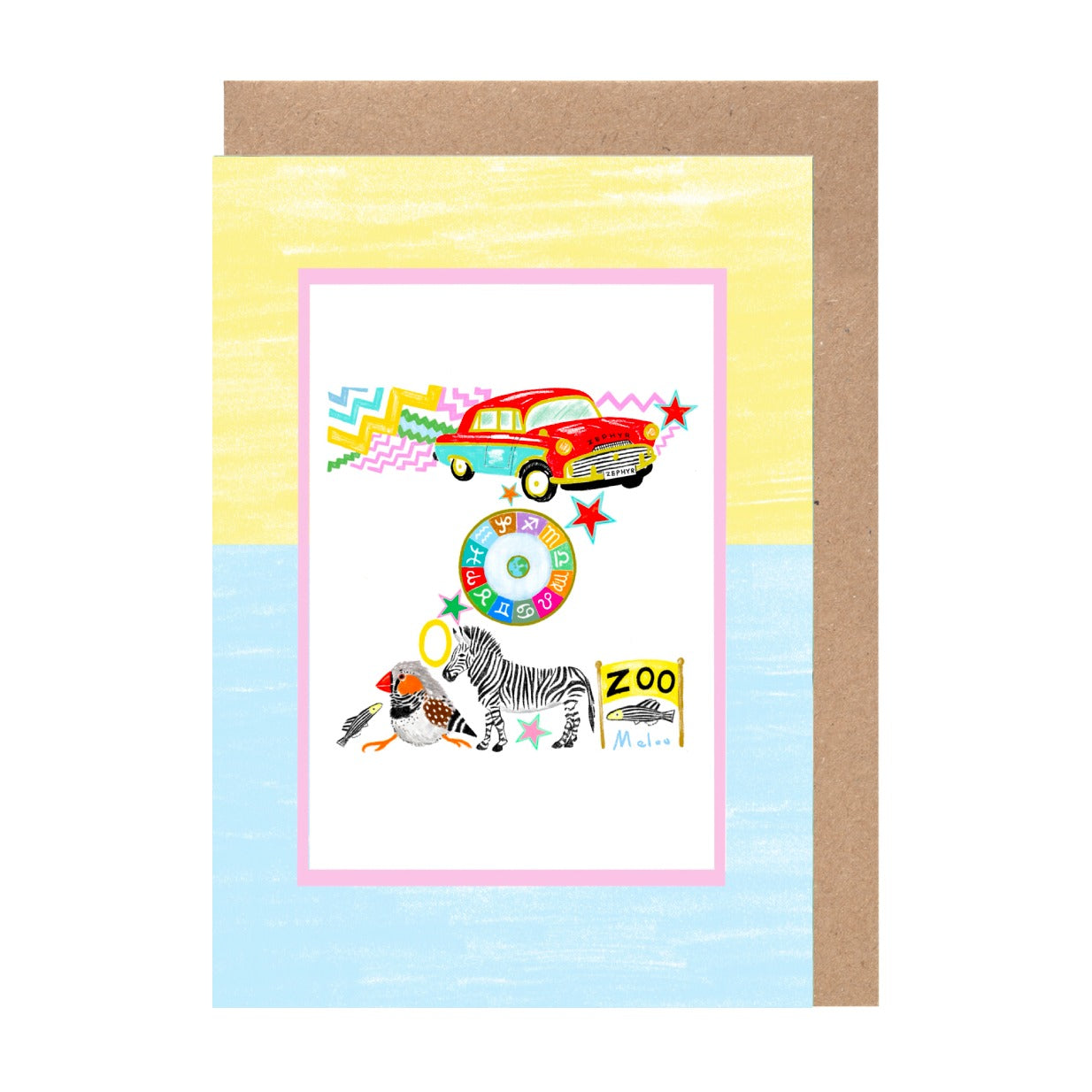 The image is a colorful and playful illustration featuring a car, a zebra, and a bird, all set against a vibrant background with geometric shapes and patterns.