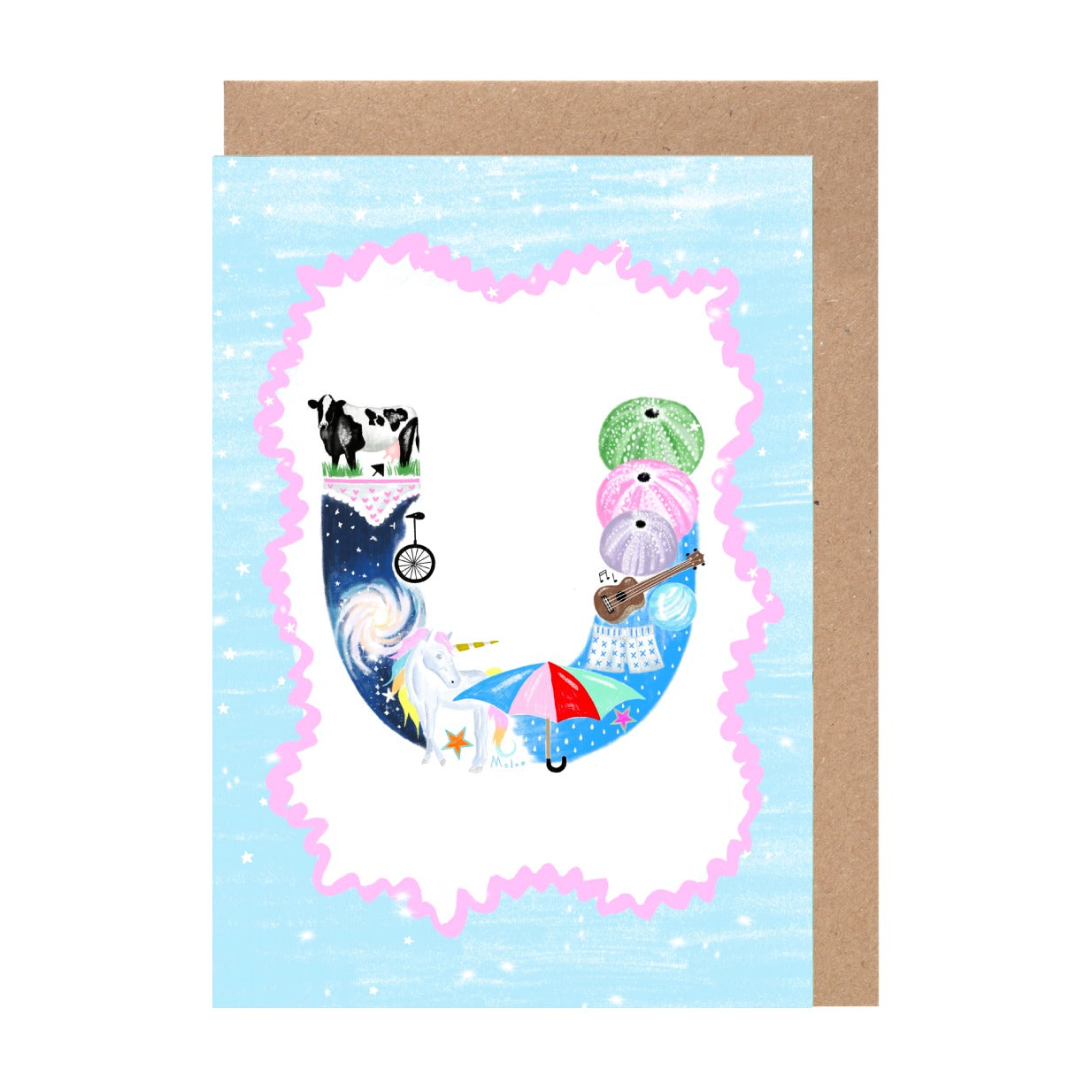The image is a colorful and whimsical illustration of a letter "U" composed of various objects and characters, including a cow, a bicycle, a unicorn, a guitar, and a bird.