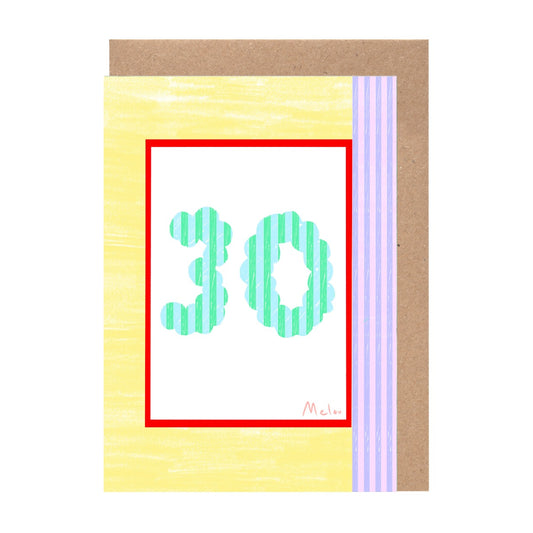 A greeting card with a colorful design featuring the number 30 in a stylized manner.