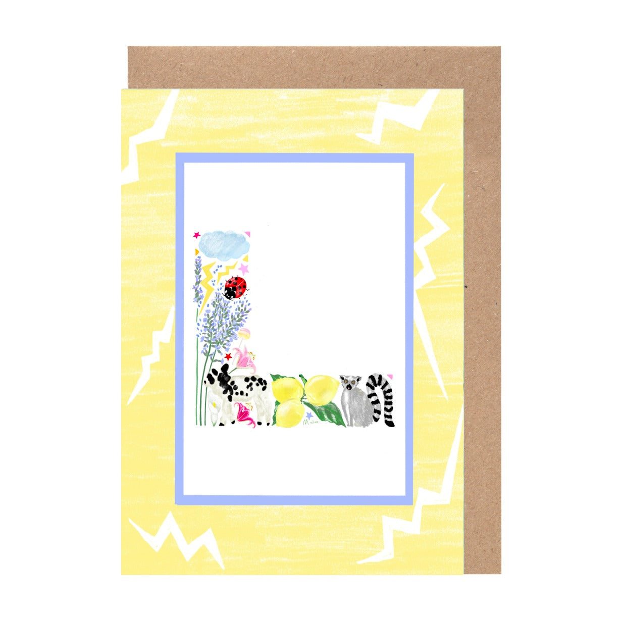 The image is a greeting card with a yellow background and a blue border. The card features a colorful illustration of various animals, including a ladybug, a leopard, and a giraffe, along with some flowers and leaves.