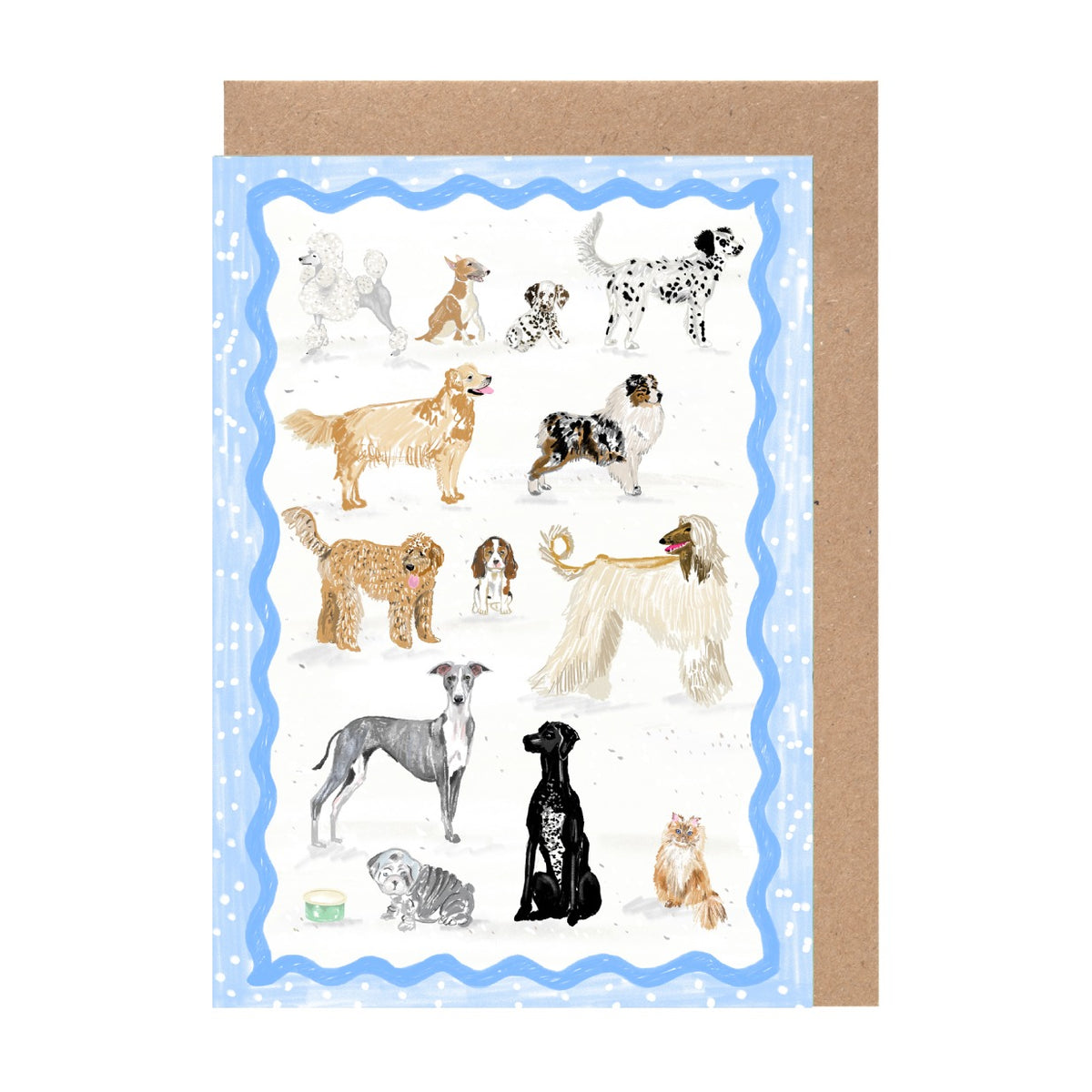 The image is a collage of various dog breeds, each depicted in a different pose and color, arranged in a visually appealing manner.