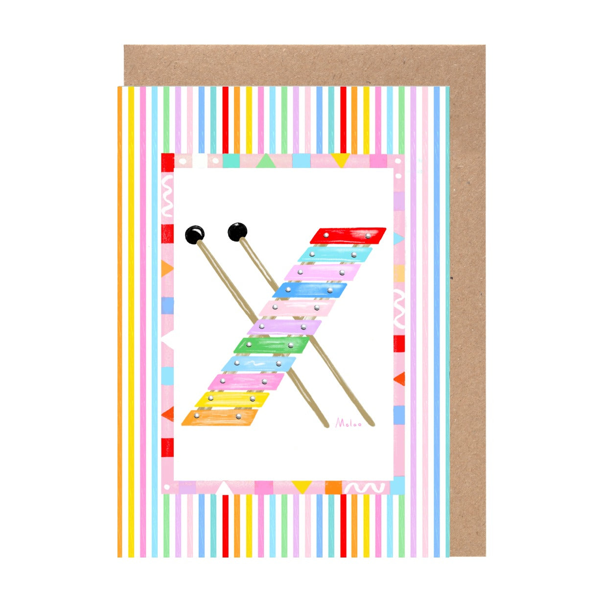 A colorful illustration of a x-shaped musical instrument, with a background of stripes in various colors.