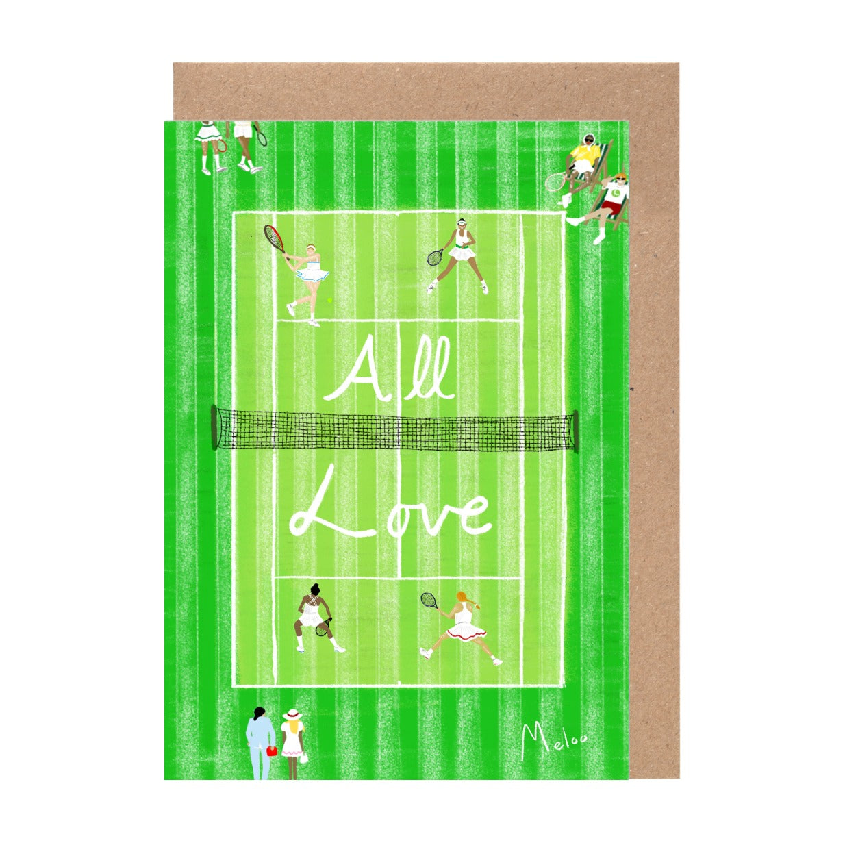 The image is a greeting card with a tennis court design and the text "All Love" written on it.