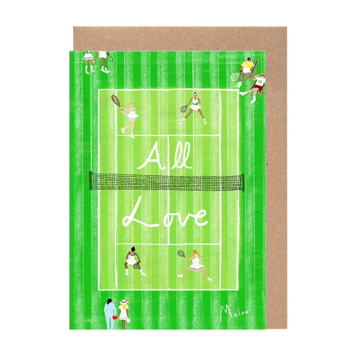 The image is a greeting card with a tennis court design and the text "All Love" written on it.