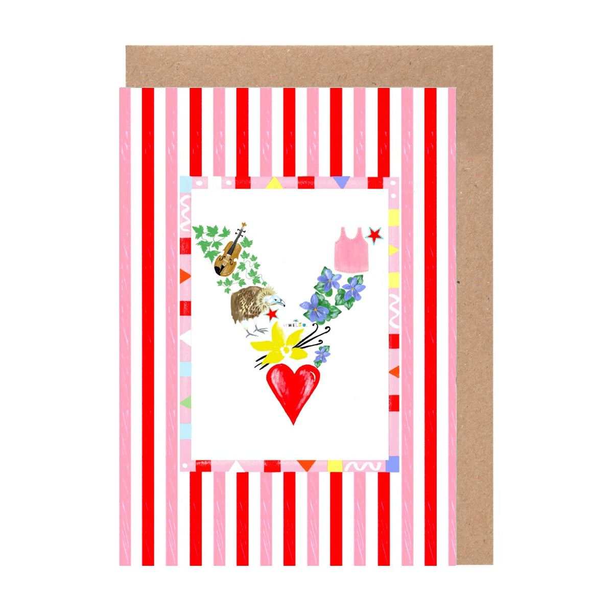 The image is a colorful and vibrant card with a variety of elements, including a heart, flowers, and a guitar.