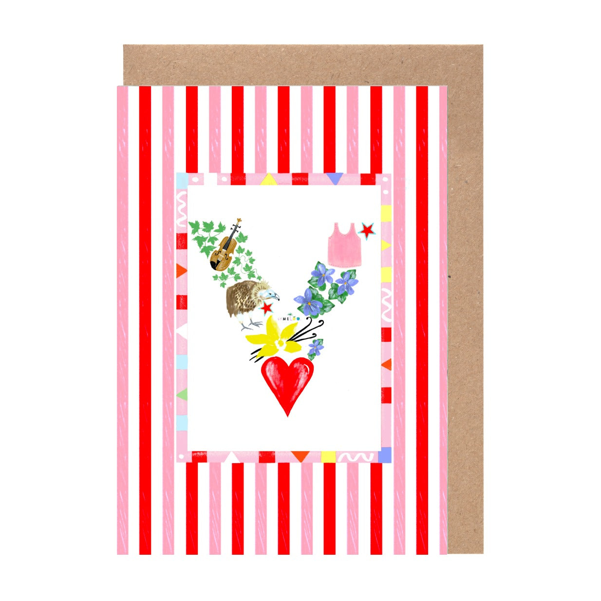 The image is a colorful and vibrant card with a variety of elements, including a heart, flowers, and a guitar.