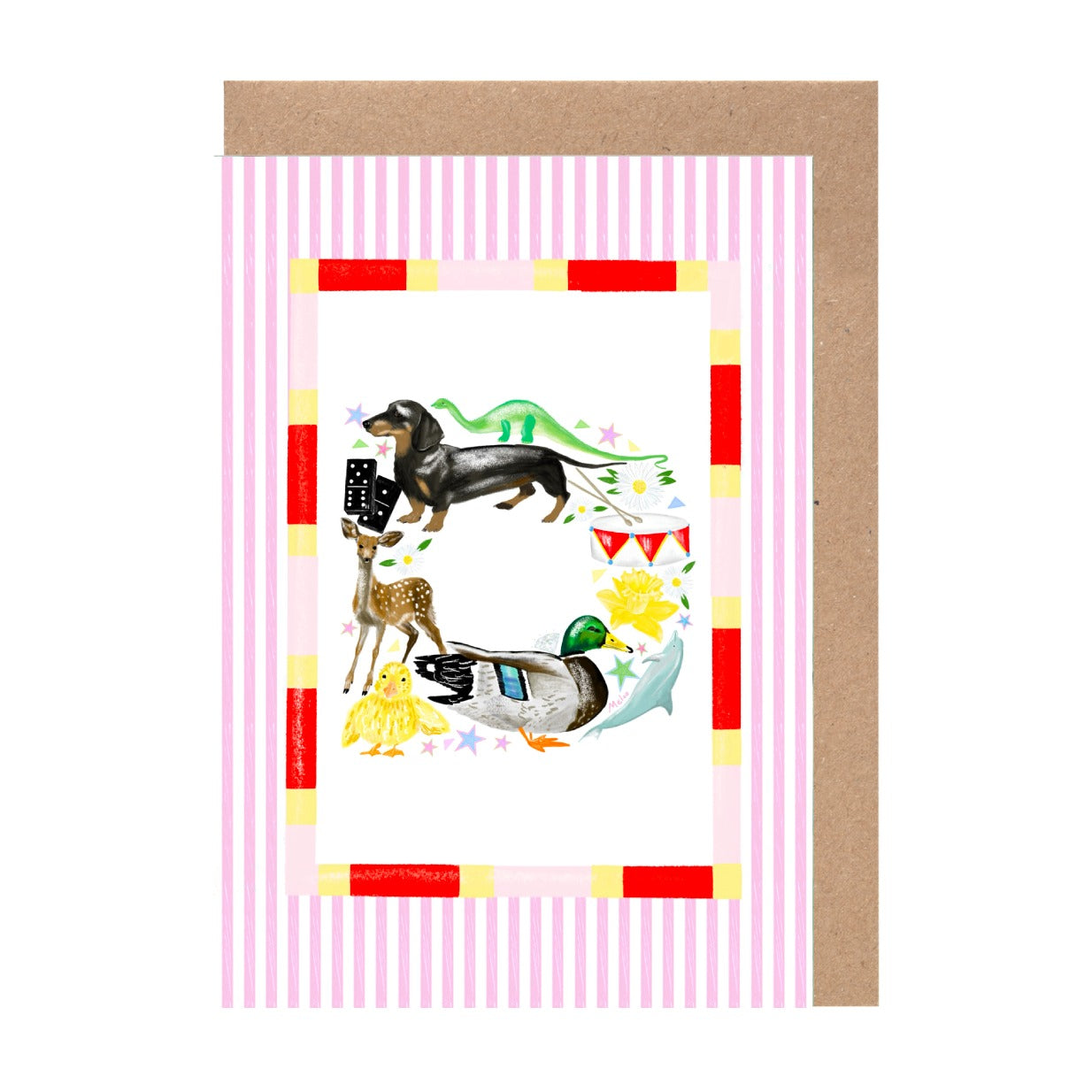 The image is a colorful and whimsical collage featuring various animals, including a dog, a cat, a bird, and a deer, all set against a pink and white striped background.