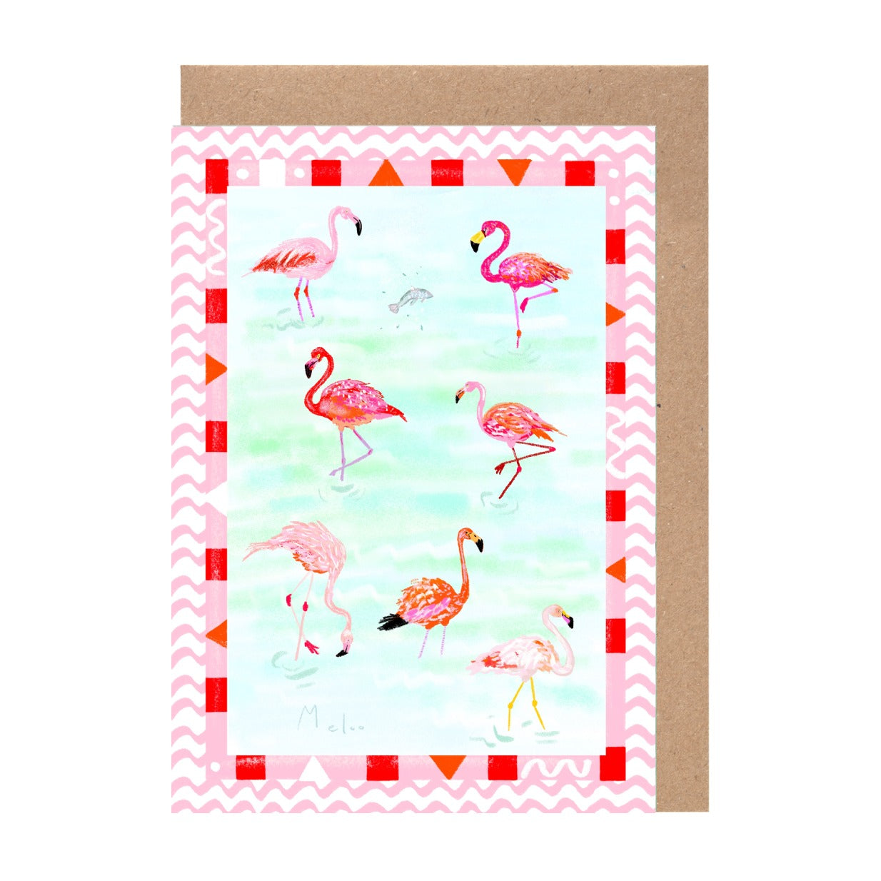 The image is a vibrant illustration of nine flamingos, each with unique poses and expressions, set against a light blue background with a pink and white geometric border.