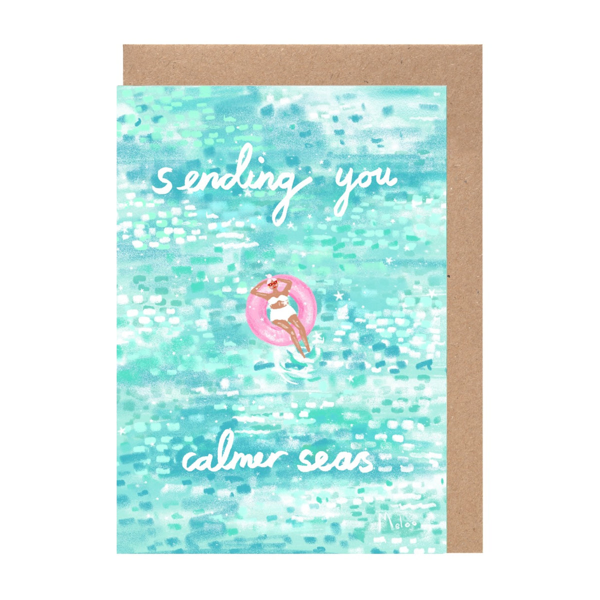 A watercolor painting of a woman relaxing in a pool, with the text "ending you" and "calmer seas" written above and below the image.