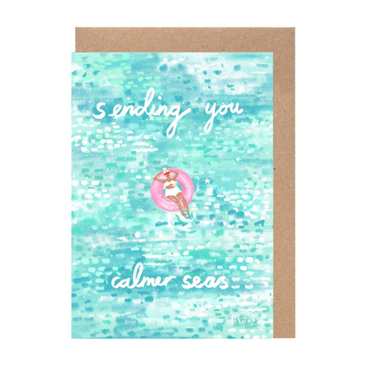 A watercolor painting of a woman relaxing in a pool, with the text "ending you" and "calmer seas" written above and below the image.