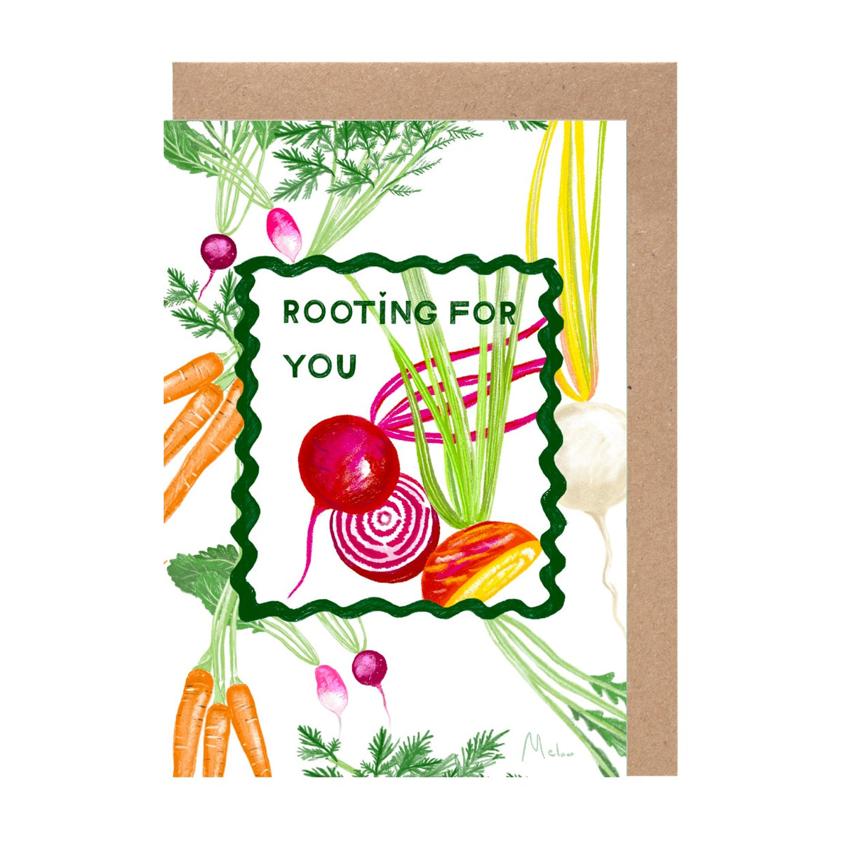 The image is a greeting card featuring a variety of vegetables, including carrots, radishes, and leafy greens, along with the text "ROOTING FOR YOU".