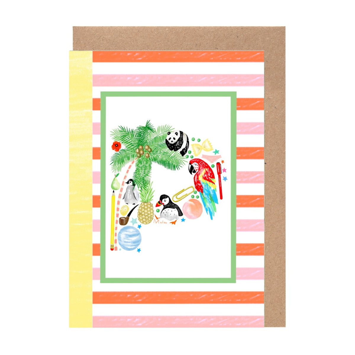A colorful illustration of various animals, including a panda, parrot, penguin, and palm tree, set against a striped background.