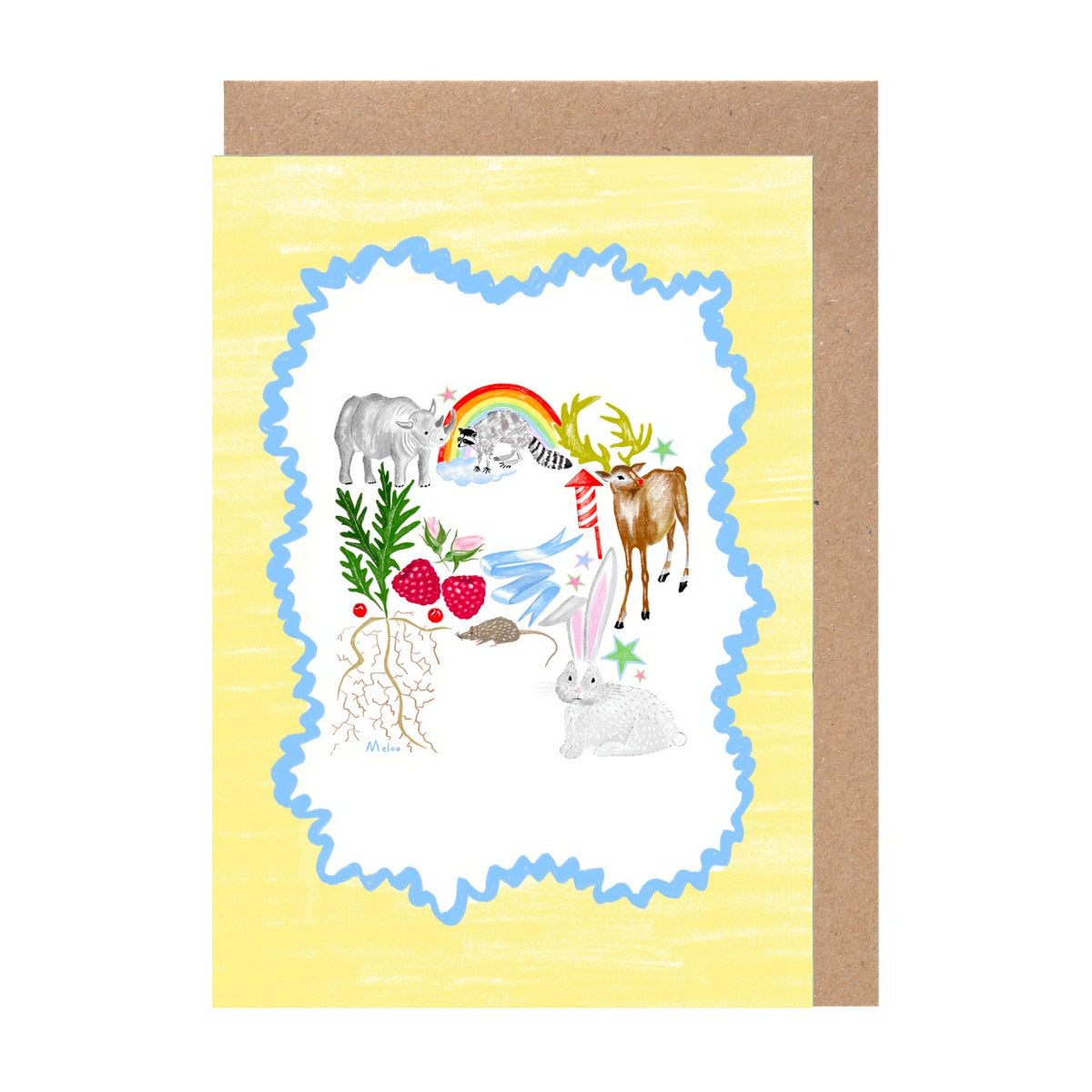 The image is a vibrant illustration featuring various animals and objects, including a rainbow, a cat, a rabbit, and a bear, all set against a yellow background.