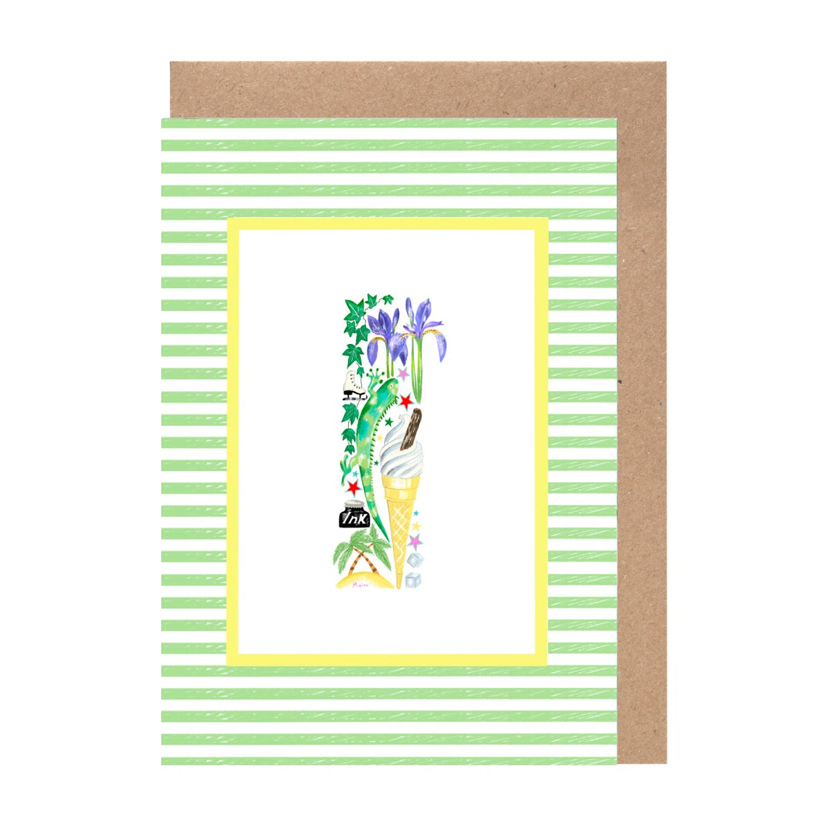 A greeting card with a colorful illustration of a vase filled with flowers, set against a background of green and white stripes.