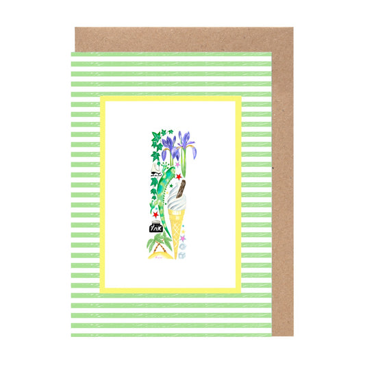A greeting card with a colorful illustration of a vase filled with flowers, set against a background of green and white stripes.