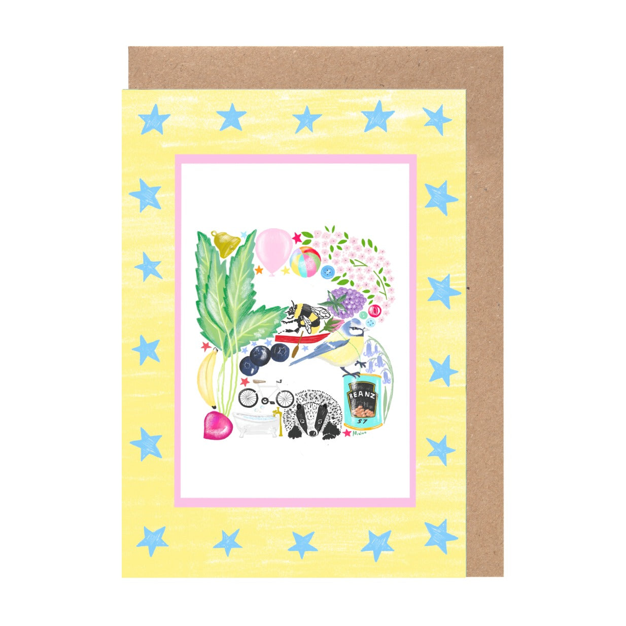 The image is a colorful and whimsical greeting card featuring a variety of objects and illustrations, including stars, flowers, and a bird, all set against a yellow background.