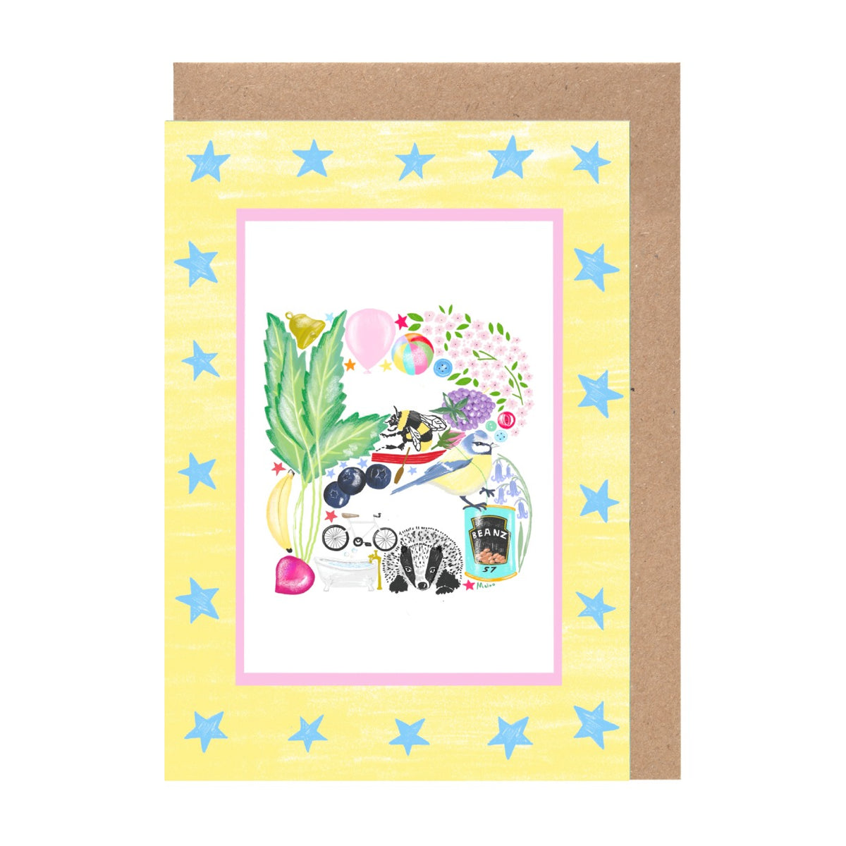 The image is a colorful and whimsical greeting card featuring a variety of objects and illustrations, including stars, flowers, and a bird, all set against a yellow background.