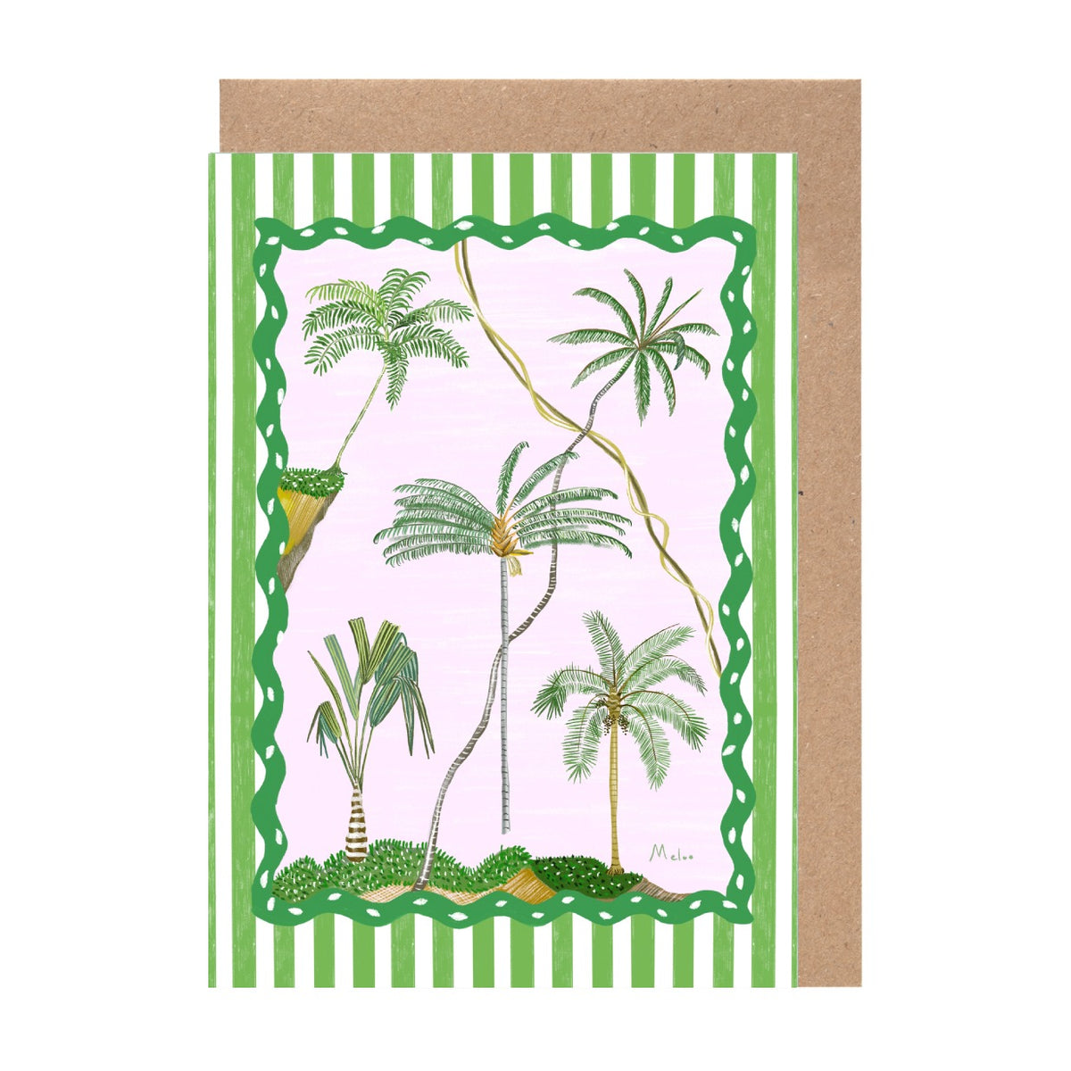 A card featuring a tropical scene with palm trees and other lush greenery, framed by a green and white striped border.