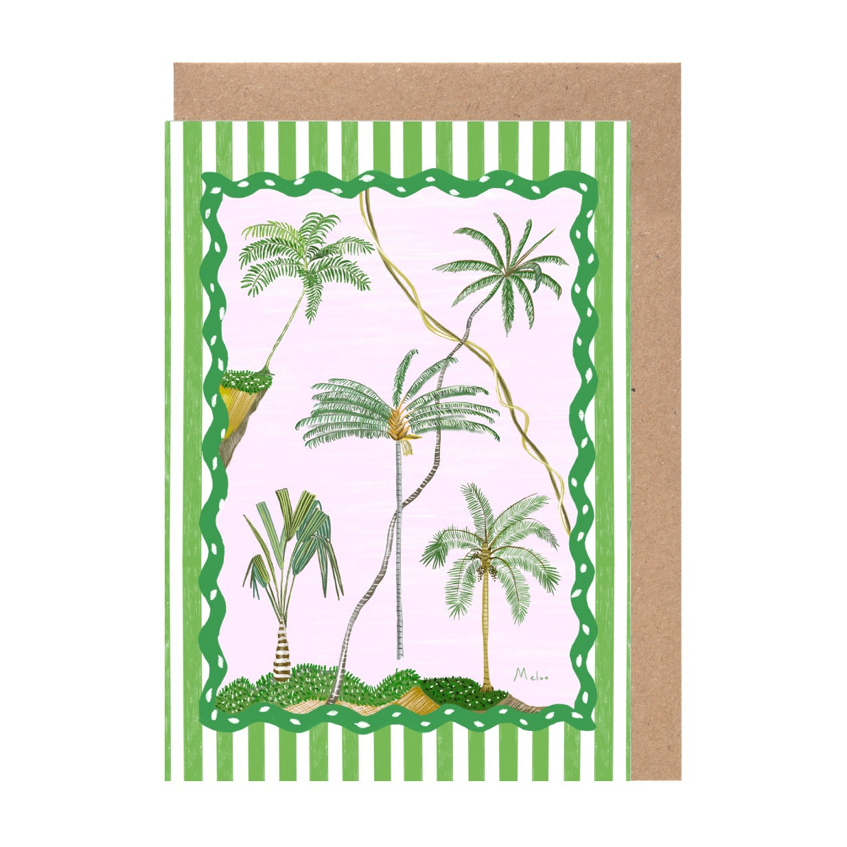 A card featuring a tropical scene with palm trees and other lush greenery, framed by a green and white striped border.