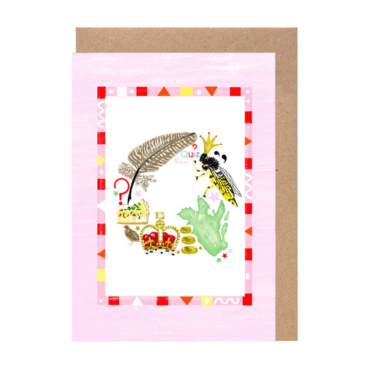 The image is a colorful illustration featuring various objects and symbols, including a feather, a bee, a crown, and a map, all set against a pink background.