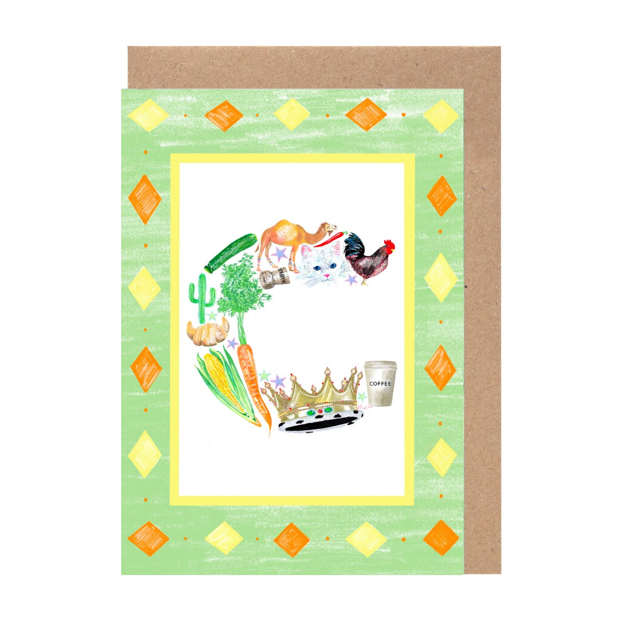 The image is a colorful and vibrant illustration of a letter 'C', featuring various objects such as a camel, a bird, a cup, and a crown, all set against a green and yellow background with a diamond pattern.