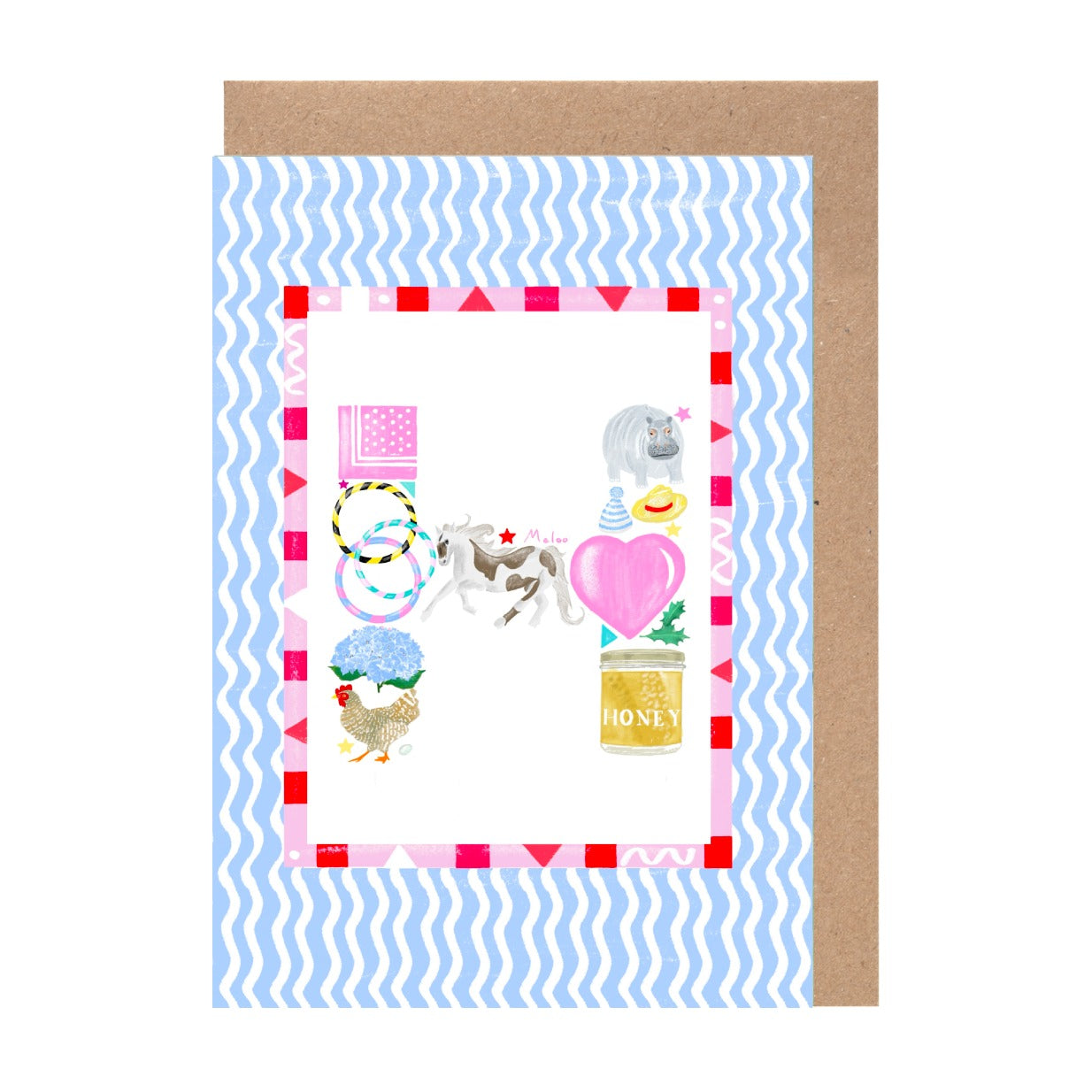 The image is a colorful and whimsical greeting card featuring various objects such as a heart, a cow, a chicken, and a jar of honey, all set against a blue and white striped background.