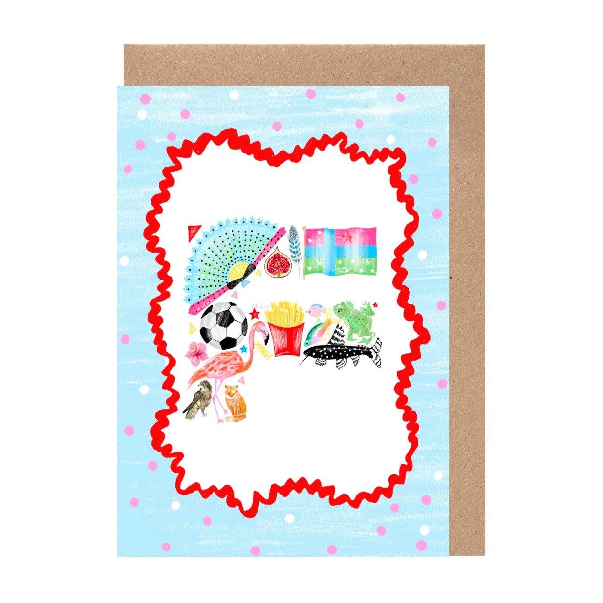 The image is a colorful and whimsical greeting card featuring various objects such as a soccer ball, a flamingo, a cat, and a fish, all set against a blue background with red and white polka dots.