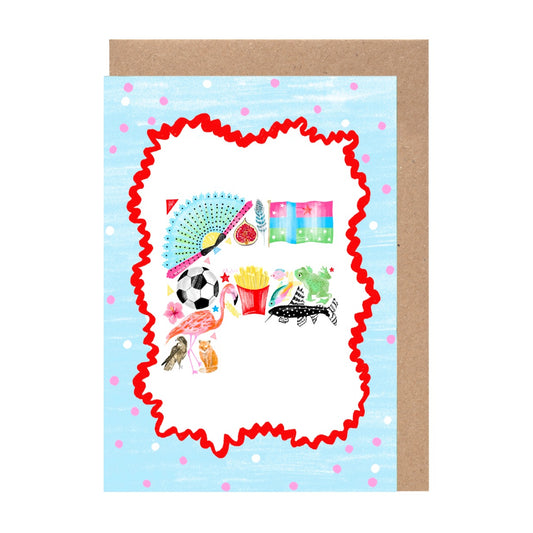 The image is a colorful and whimsical greeting card featuring various objects such as a soccer ball, a flamingo, a cat, and a fish, all set against a blue background with red and white polka dots.