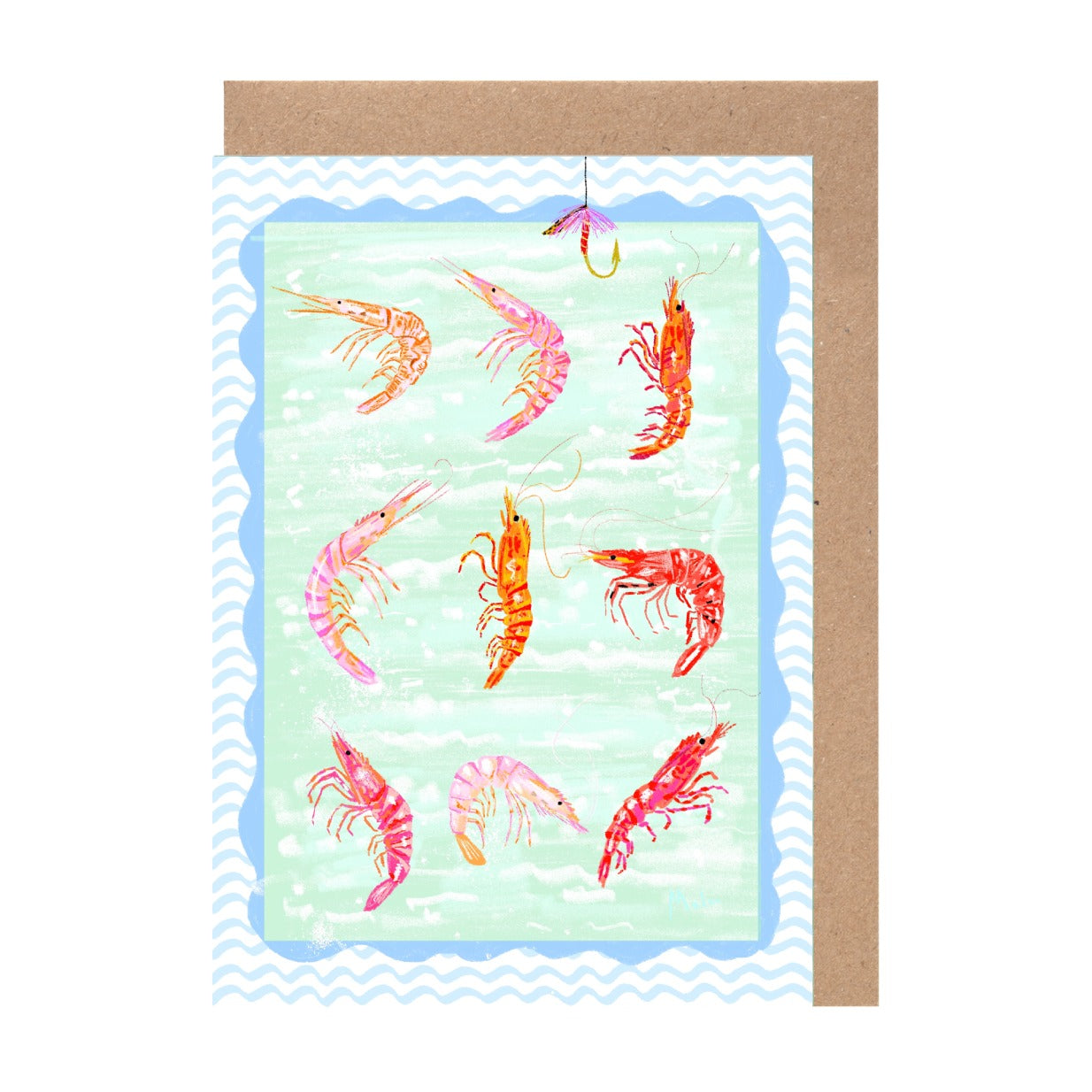 The image is a vibrant illustration of nine colorful shrimp, each with unique features and patterns, set against a light blue background with a wavy pattern.