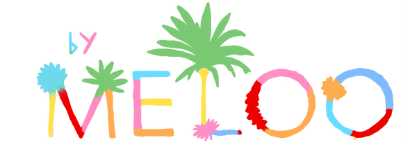 Colorful 'MY MELOO' text with palm tree graphics on a white background