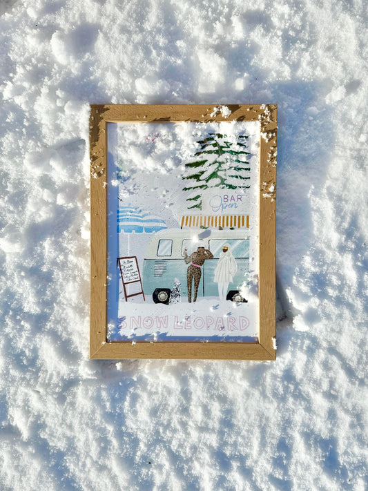 MINI ICE BLUE SNOW LEOPARD OAK FRAMED SKI PRINT