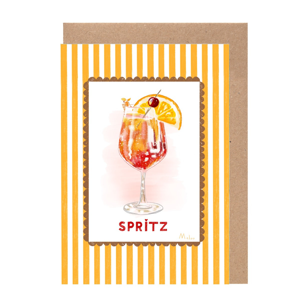 a glass of what appears to be a cocktail, possibly a Spritz, garnished with a lemon slice and a cherry.