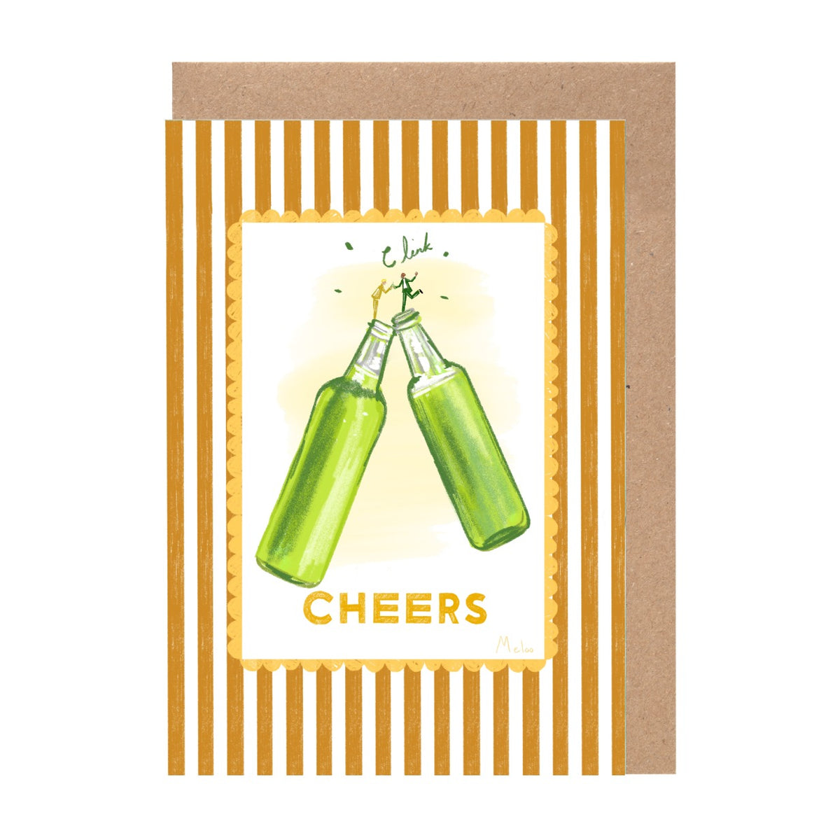 The image is a greeting card with a yellow and white striped border, featuring two green bottles with the word "CHEERS" written on them.
