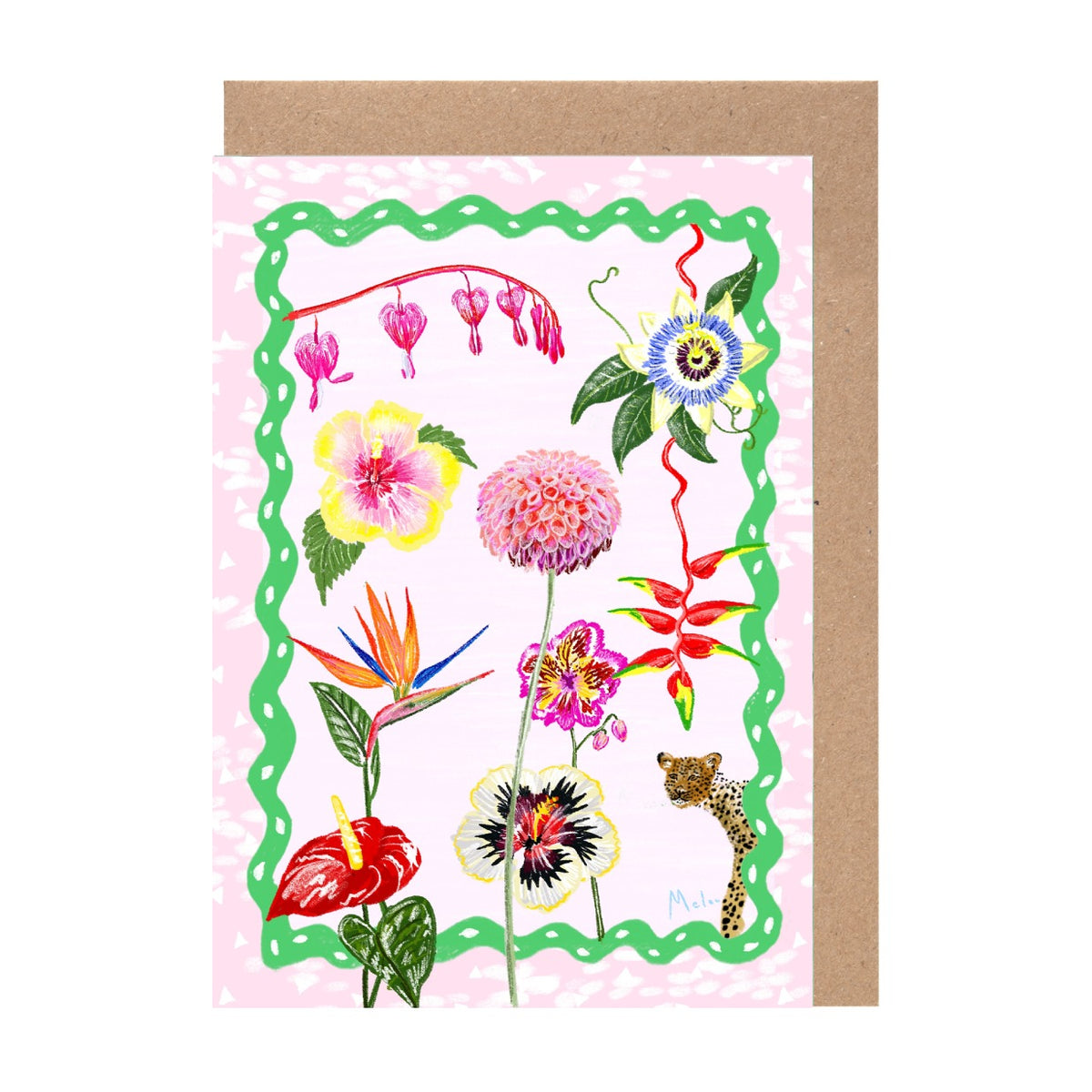 The image is a vibrant and colorful illustration of various flowers and plants, including a leopard, set against a pink background with a green border.