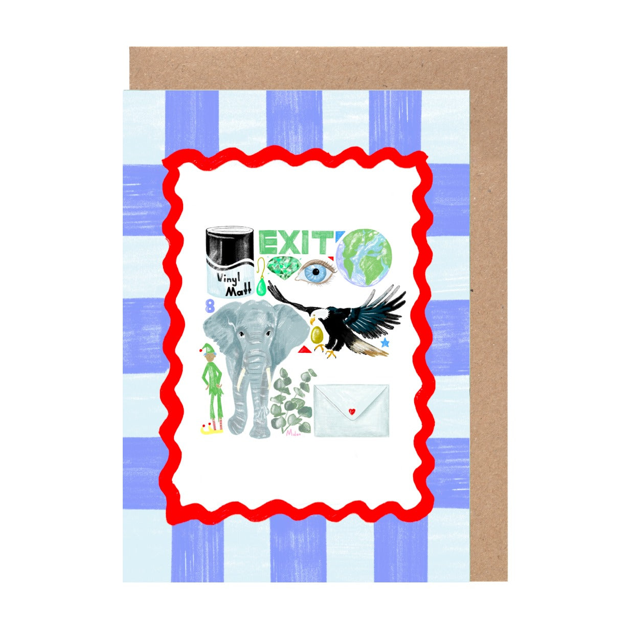 The image is a collage of various objects, including a bottle, a bird, a person, and a globe, all set against a blue and white checkered background.