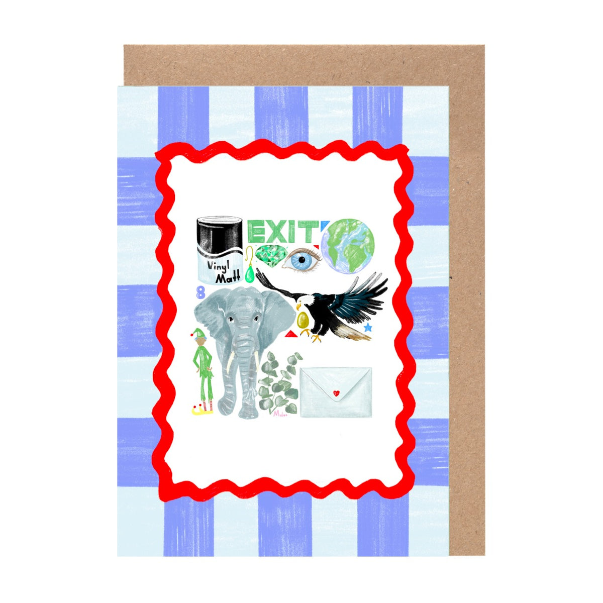 The image is a collage of various objects, including a bottle, a bird, a person, and a globe, all set against a blue and white checkered background.