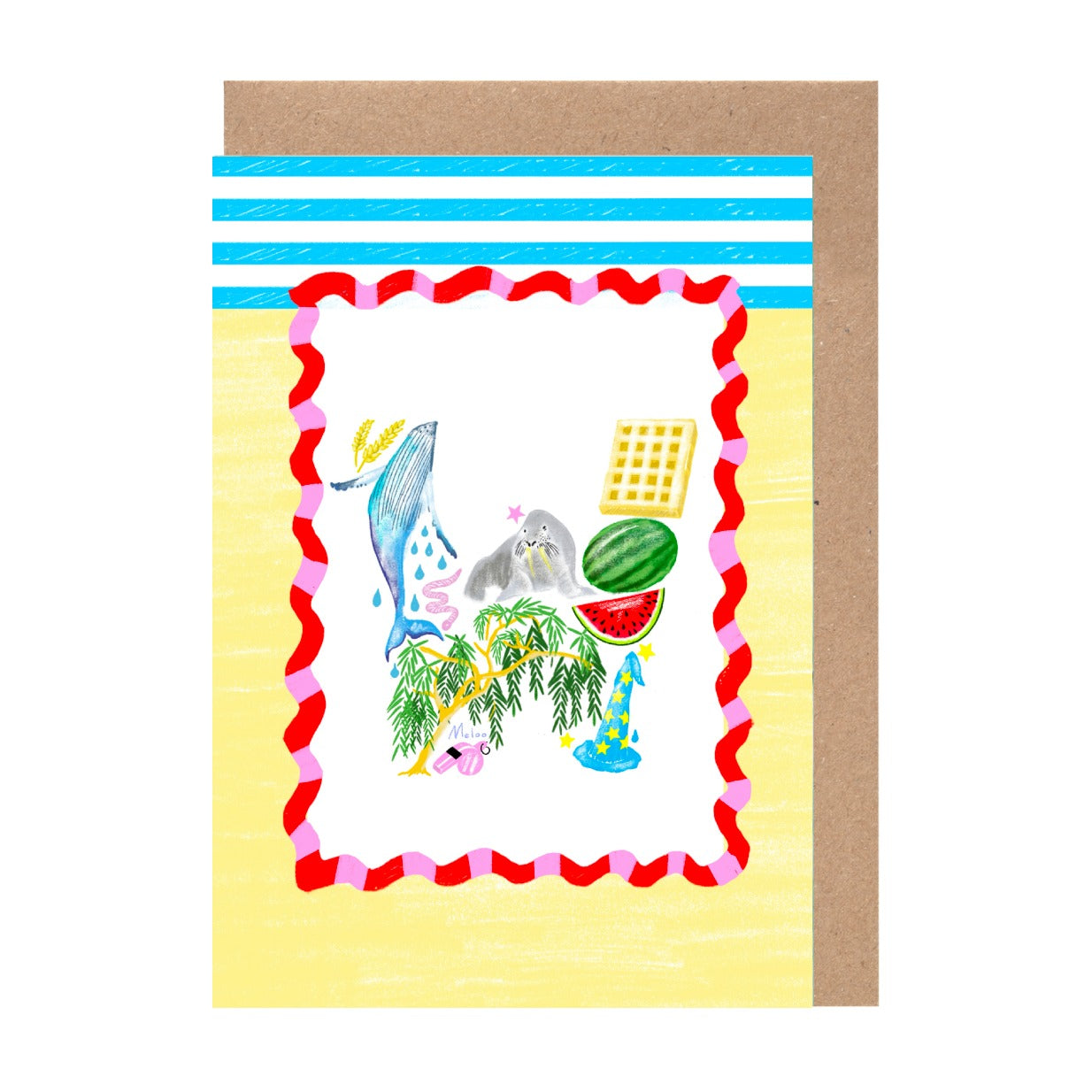 The image is a colorful and whimsical illustration featuring various objects such as a whale, a waffle, a watermelon, and a cat, all set against a yellow and blue background with a decorative border.
