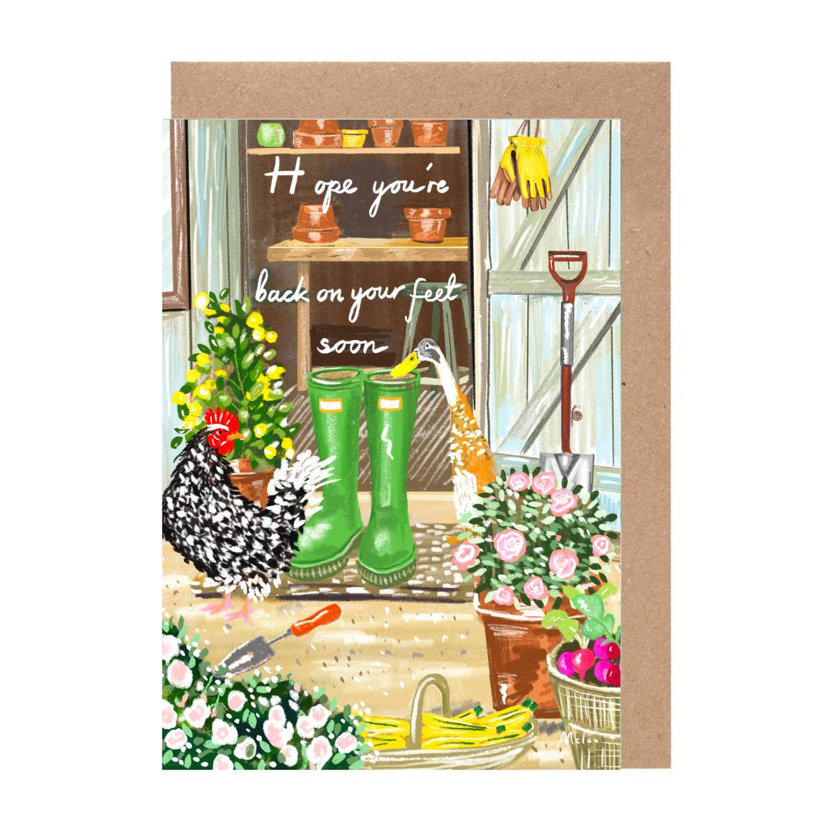 A black and white chicken wearing green rain boots stands on a wooden floor, surrounded by potted plants, gardening tools, and a sign that reads "Hope you're back on your feet soon".