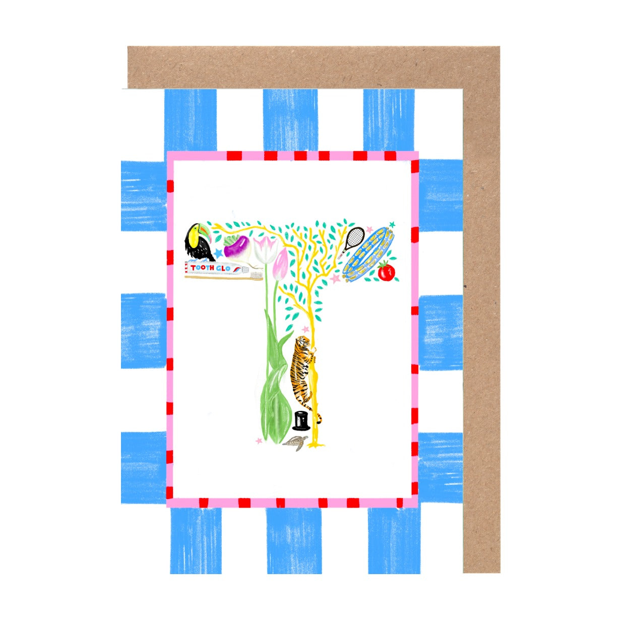 The image is a colorful illustration of a letter 'T' with various objects and animals surrounding it, including a bird, a cat, and a tree.
