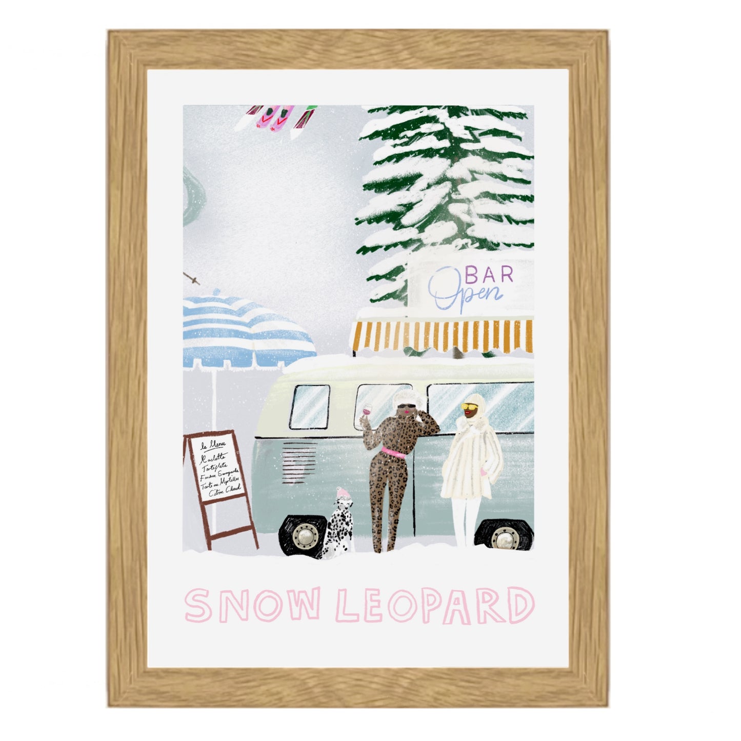 MINI ICE BLUE SNOW LEOPARD OAK FRAMED SKI PRINT